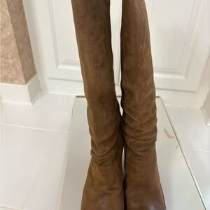 Frye Elegant Tan Tall Knee Wedge Boots